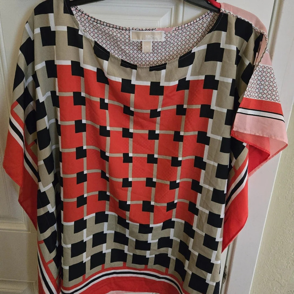 Michael Kors Kimono Style Red Geometric Print Blouse EUC L/XL - Picture 1 of 6